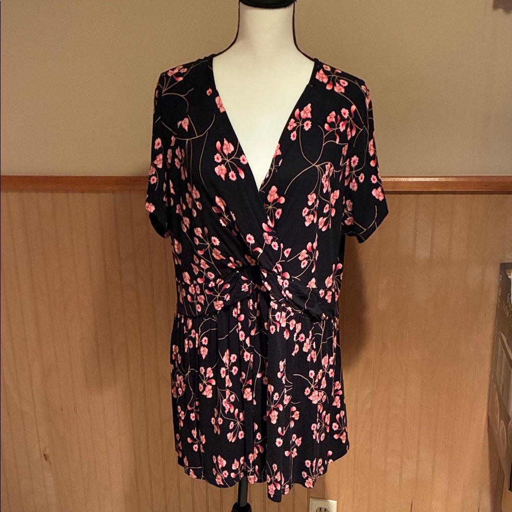 Amazon Essentials Black and Pink Floral Wrap Blouse